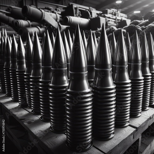Military shells, artillery ammunition storage, manufacturing of weapons photo
