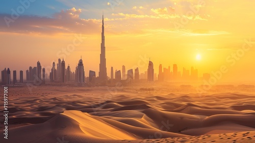 Dubai skyline in desert at sunset. 