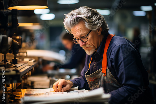 middle-aged Caucasian man works in a press printing newspapers.