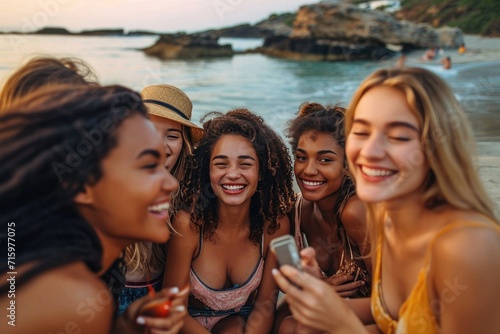 A group of happy women, with smiling faces and stylish fashion accessories, enjoying a fun-filled vacation on a boat in the sparkling lake surrounded by beautiful nature and their strong bond of frie