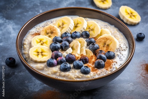 A bowl of organic oat with banana for breakfast, healthy food background.