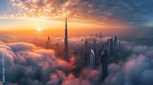 Dubai sunset panoramic view of downtown covered with clouds. Dubai is super modern city of UAE, cosmopolitan megalopolis. Very high resolution image photo