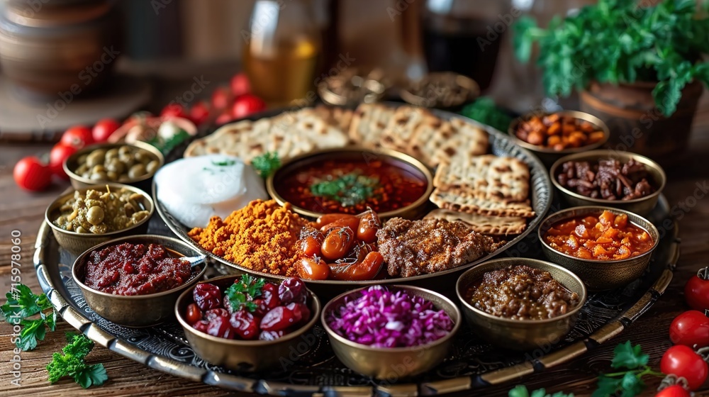 Traditional ritual Passover Seder plate featuring blur background Traditional ritual Passover Seder plate featuring blur background