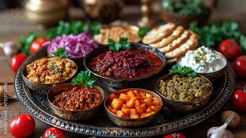 Traditional ritual Passover Seder plate featuring blur background