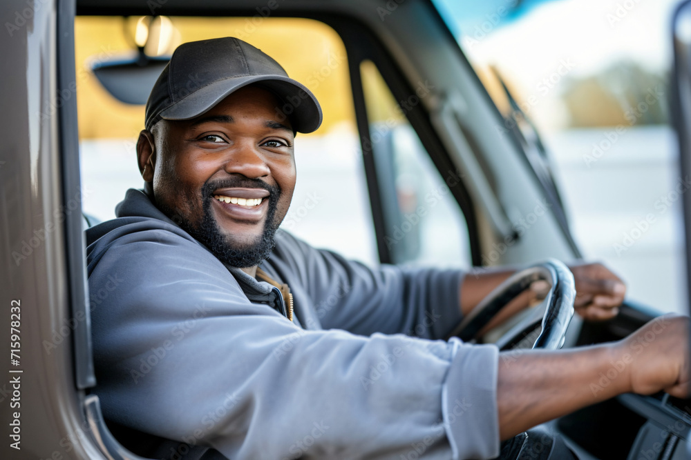 Happy Black Professional Driver Exiting Truck and Looking at Camera - Generative AI. Happy Black Professional Driver Exiting Truck and Looking at Camera - Generative AI.