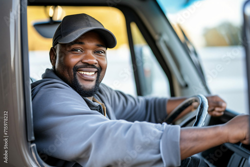 Happy Black Professional Driver Exiting Truck and Looking at Camera - Generative AI.