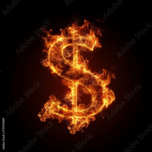 Inferno Dollar Sign isolated on Black Background. Photorealistic Buck Sign on Black backdrop. Square Illustration. Ai Generated Finance and Currency 3D Symbol.
