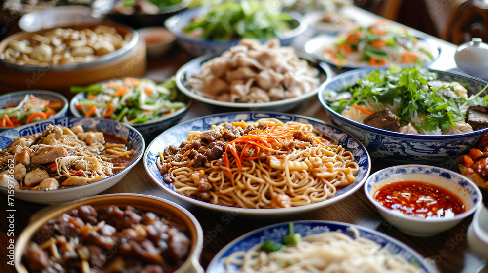 An inviting scene of a traditional Chinese dining table adorned with an array of noodle dishes, featuring different shapes, sizes, and flavors. The communal setting captures the co An inviting scene of a traditional Chinese dining table adorned with an array of noodle dishes, featuring different shapes, sizes, and flavors. The communal setting captures the co