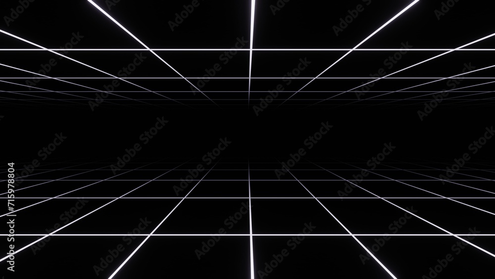 Obraz premium 3d abstract black and white background. Retrowave retro 80s 90s futuristic grey laser neon grid surface. Wireframe tunnel net in dark space isolated black Disco music template