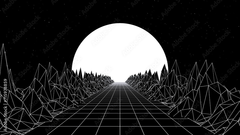  3d abstract black and white retroway. Retro 80s 90s retrowave landscape topographic. Grey mountains with neon sunset. Sci-fi y2k viral surface and space sky glowing stars - obrazy, fototapety, plakaty 