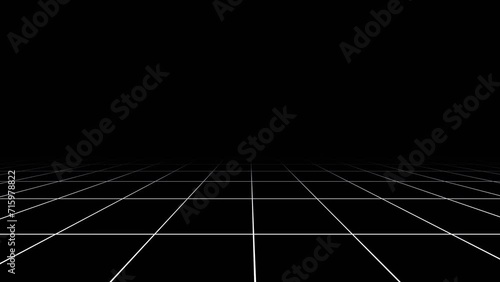 3d abstract black and white background. Retrowave retro 80s 90s futuristic videogame sci-fi grey laser neon grid surface. Wireframe tunnel net in dark space isolated black. Loop animation 30fps 4k photo