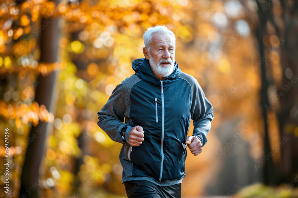Obraz premium Senior Man Running for a Healthy, Longevity-Focused Lifestyle - Generative AI.