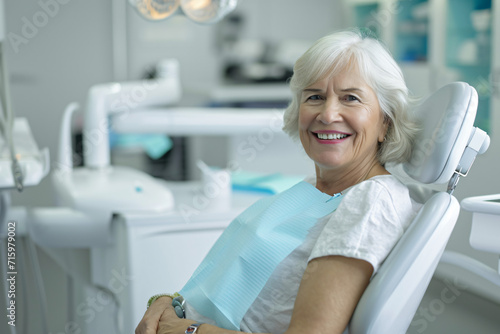 Satisfied Senior Woman Smiling at Camera in Dentist's Office - Generative AI.