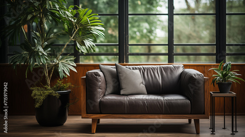 Dark rough stylish furniture, brown leather  armchair and couch with decorative pillow, home style © lisssbetha