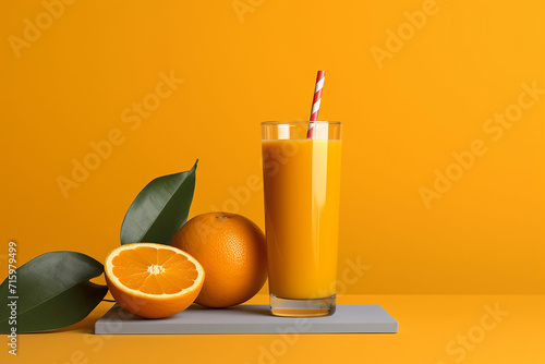 Freshly squeezed orange juice in a glass with ripe oranges and green leaves.