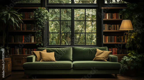 Light stylish furniture, green and orange velour armchair and couch with decorative pillow, home style  © lisssbetha