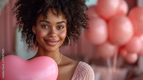Beauty black girl with pink air balloons over pink background. Happy Valentines day. Joyful model smiling and holding ballons in shape of heart. © litts