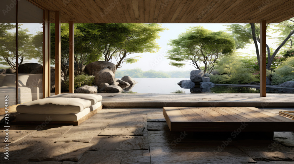 Beautiful and clean virtual background or backdrop for yoga, zen, meditation room space with serene and calm natural organic scenic outside water view