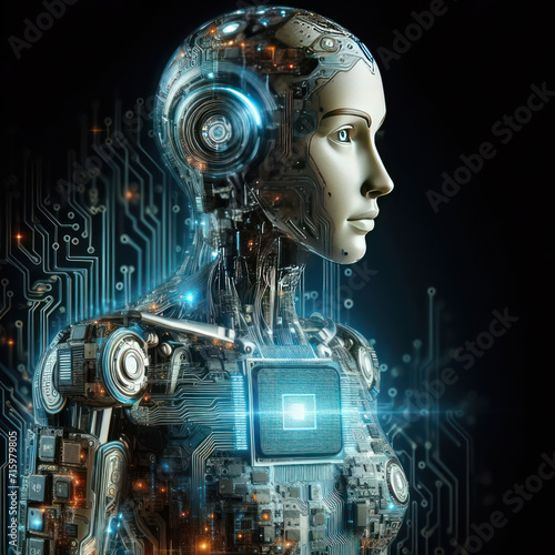 humanoid AI robot  artificial intelligence  motherboard  computer circuits  microchips Machine learning  technology  innovation and futuristic. tecnolog  a de inteligencia artificial  innovaci  n.