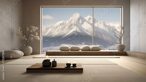 Beautiful and clean virtual background or backdrop for yoga, zen, meditation room space with serene and calm natural organic scenic outside snowy mountain view 