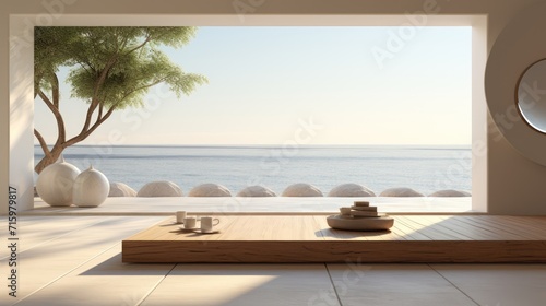 Beautiful clean virtual interior background for yoga, zen, meditation retreat room sanctuary with serene and calm natural organic scenic outside ocean sea view for teams video calls backdrop