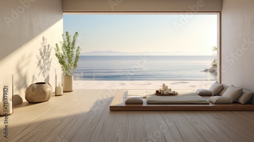 Beautiful and clean virtual background or backdrop for yoga, zen, meditation room space with serene and calm natural organic scenic outside ocean sea view © Andrea