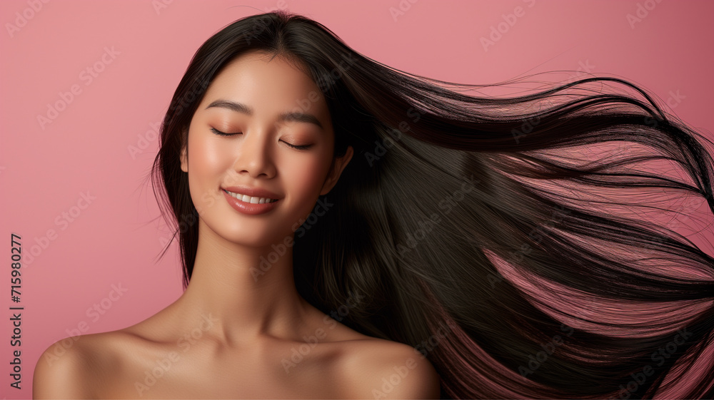 female Asian woman with long hair, smiling, advertises hair care product female Asian woman with long hair, smiling, advertises hair care product