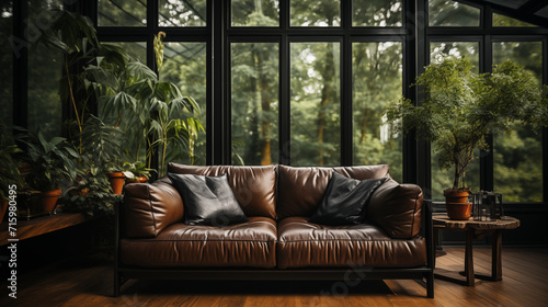 Dark rough stylish furniture, brown leather  armchair and couch with decorative pillow, home style © lisssbetha