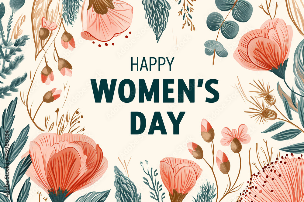 Happy Women's Day vintage card with plants and flowers. Generative AI - obrazy, fototapety, plakaty 
