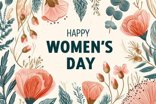 Happy Women's Day vintage card with plants and flowers. Generative AI