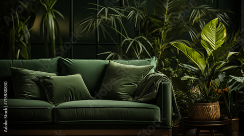 Light stylish furniture, green and orange velour armchair and couch with decorative pillow, home style	 photo