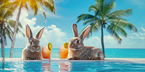 Easter bunnies on vacation drinking tropical cocktails next to swimming pool under palm trees