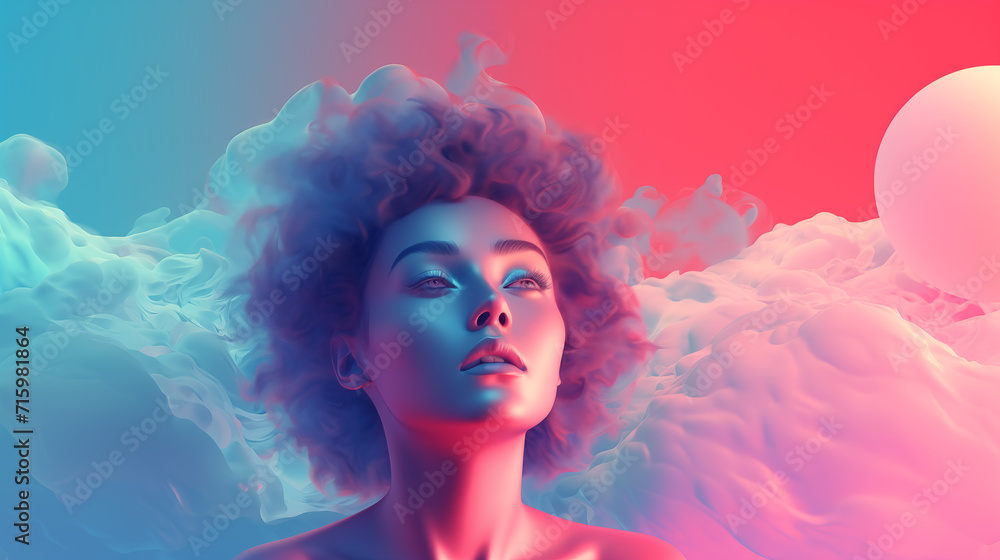 girl with wavy hair on a cloud, in the style of vibrant, neon colors, gradients