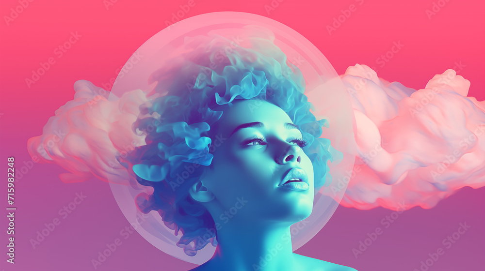 girl with wavy hair on a cloud, in the style of vibrant, neon colors, gradients