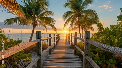 Panorama view of footbridge to the Smathers beach at sunrise - Key West, Florida. photo