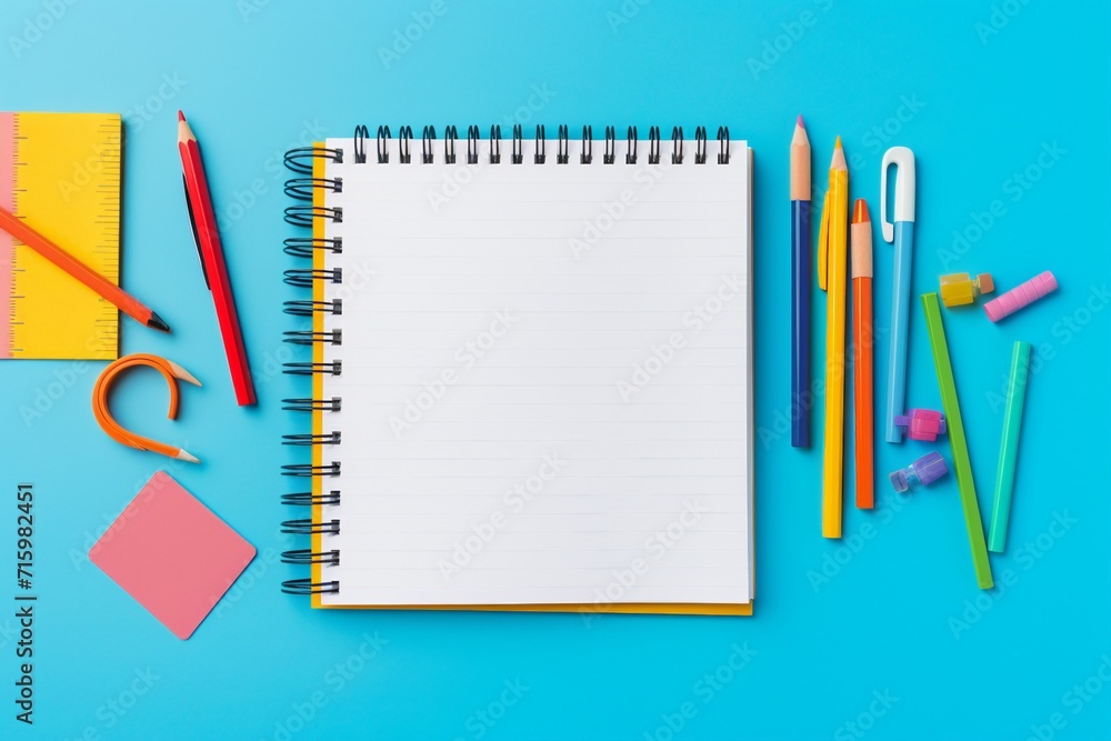 Notebook concept, blue background with pen and pencil concept