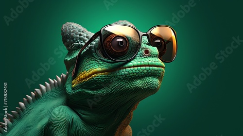 Chameleon sporting trendy sunglasses on dark green background. Realistic 3D illustration. photo