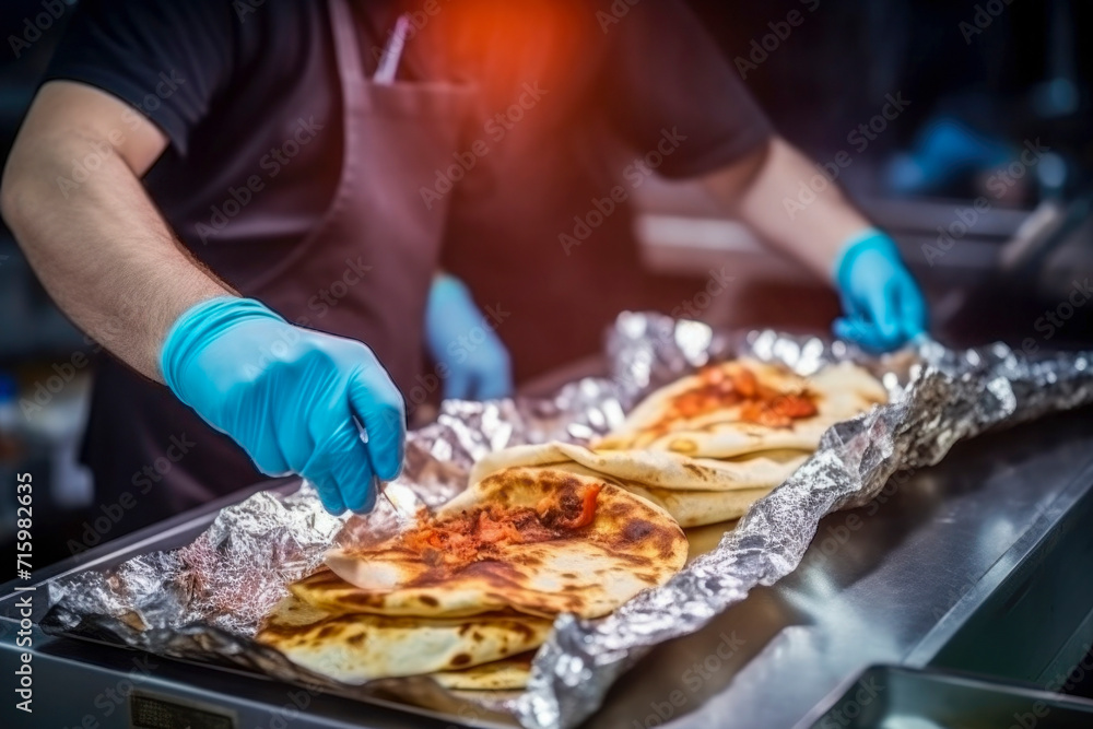 male hands in disposable gloves cook vegetarian shawarma in corn pita bread. street food