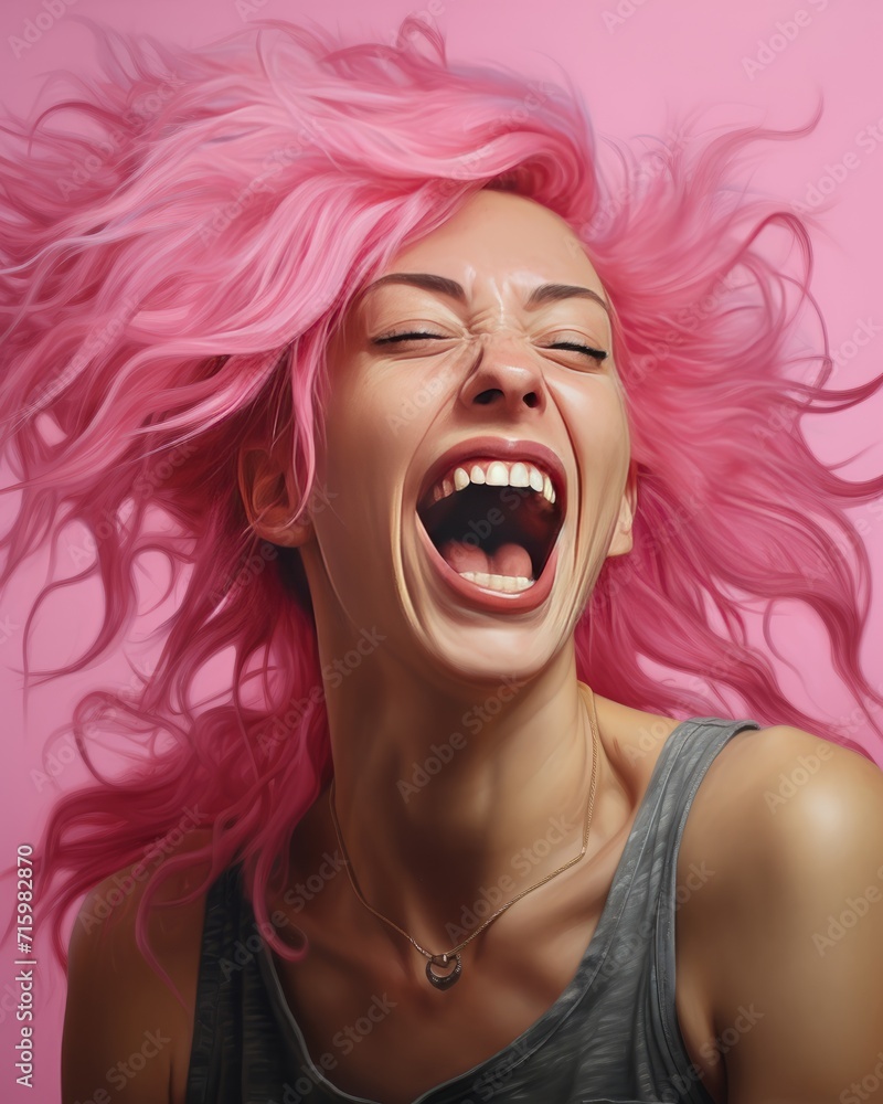 Young woman with vivid pink hair. Joy and laughter, emotion, wide open mouth.