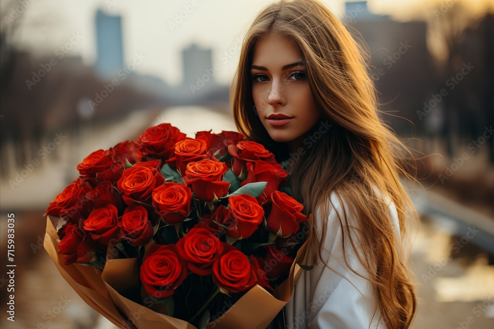 A sweet young woman in an evening dress holds a chic bouquet of roses. A sweet young woman in an evening dress holds a chic bouquet of roses.