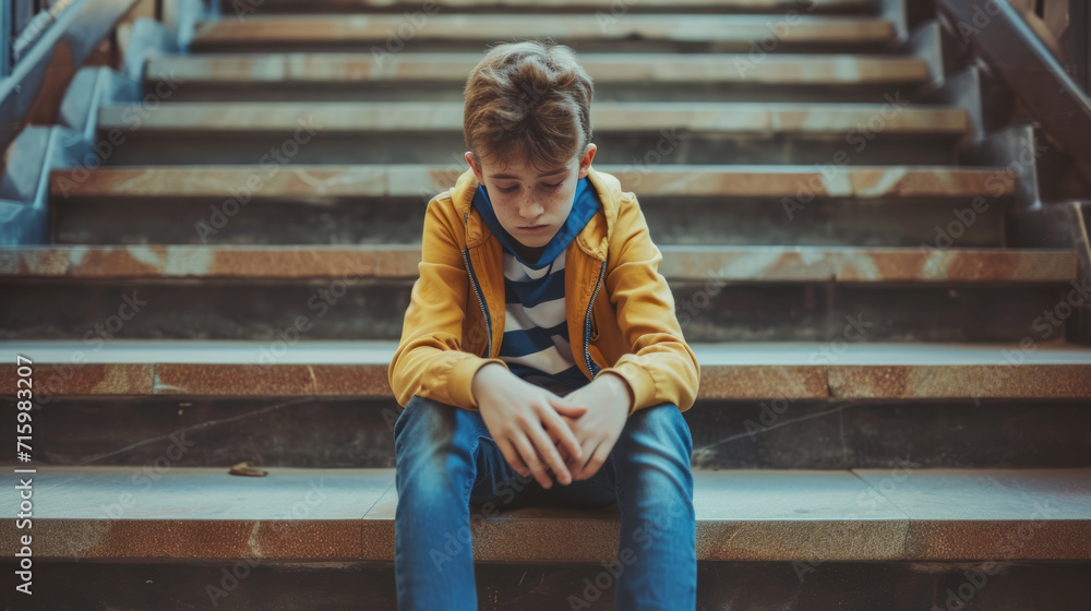 Depressed school boy sitting alone at stairs. Victim of school bullying. Stress and mental problem in childhood Depressed school boy sitting alone at stairs. Victim of school bullying. Stress and mental problem in childhood