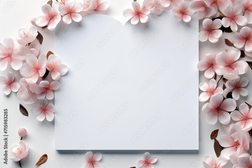 Blank card with sakura flowers on white background, top view