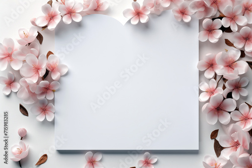 Blank card with sakura flowers on white background, top view © ako-photography