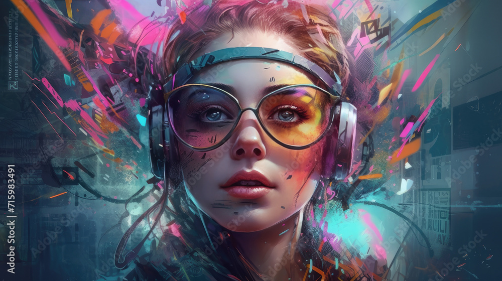 bright girl with headphones, generative AI