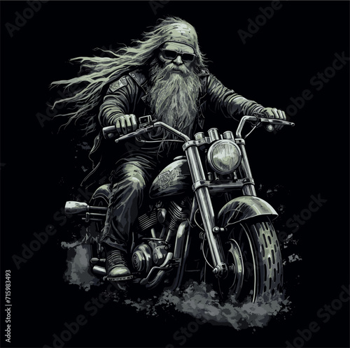 Vector design for t-shirt. 
Old biker with beard and glasses 
on motorcycle on black background. 
Fashionable print for fabric, paper, men clothing,
hoodie, biker jacket.