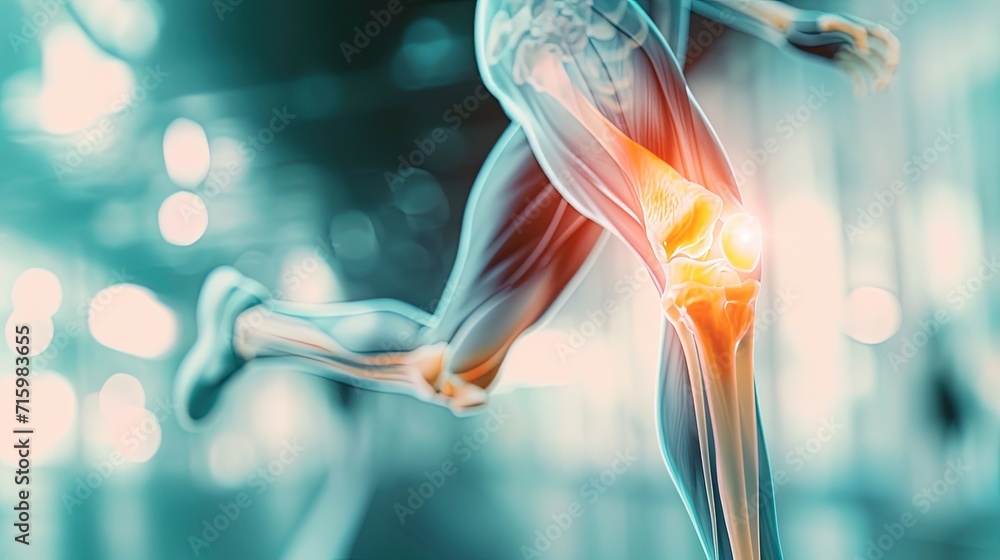 2 D Illustration of a running man with painful knee joint highlighted, kneecap, 3D rendering. Problem of joint diseases, medical topics. Painful joints	 - obrazy, fototapety, plakaty 