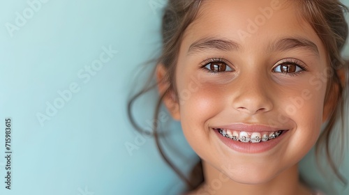 Indian beautiful little girl in braces smiles happily. Taking care of dental health, oral hygiene. Advertising for pediatric dentistry. Blue background photo