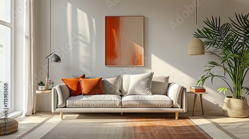 Modern designer cozy living roomwith terracotta color in white color with a beige sofa  picture  plant  window and table 