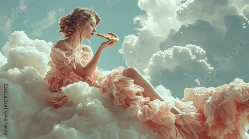 Dreaming beautiful Young woman in a chic luxury airy dress sits on a cloud and eats pizza, like in a dream