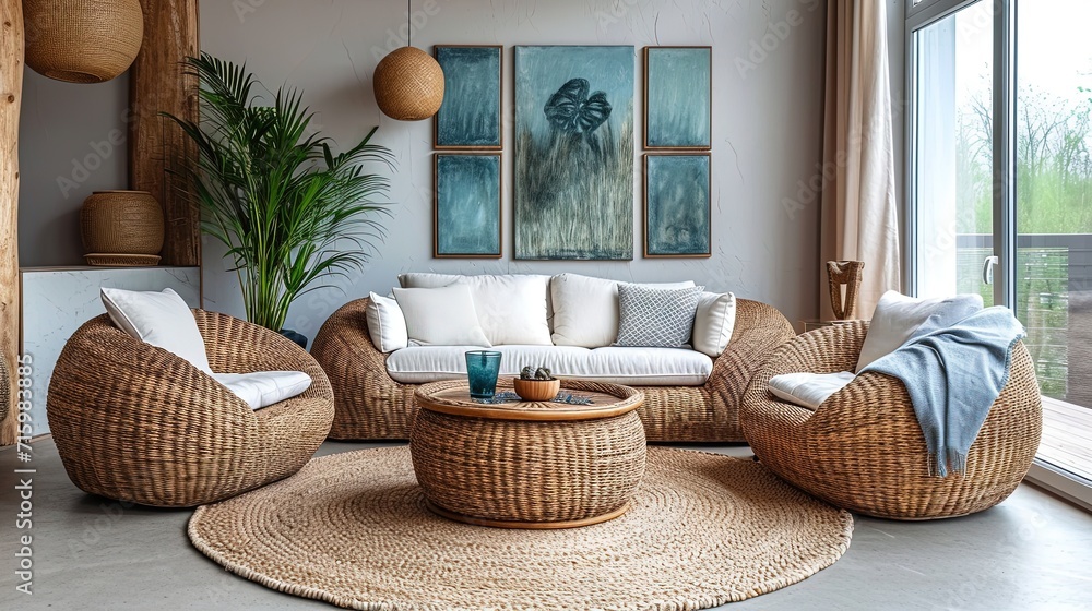 Interior design cozy living room with a rattan sofa and two quality ...